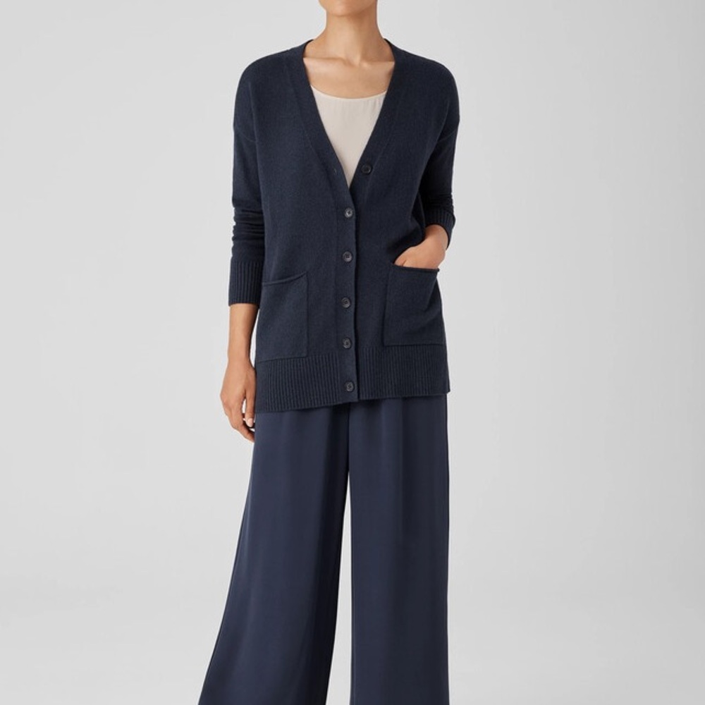 EILEEN  FISHER V-neck cardigan navy blue small organic cotton - Picture 2 of 7